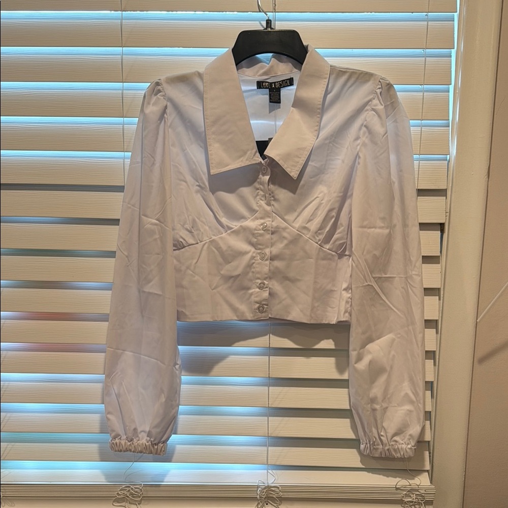 Love By Design Cream Crop Blouse with Notched Collar